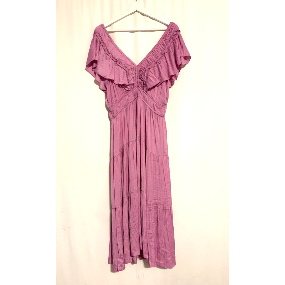 Joie Womens Dress Large Vneck Midi Aline Ruffle Satin Evening Cocktail